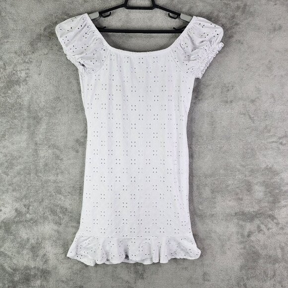 Junior's White Almost Famous Eyelet Mini Dress Ruched Short Sleeves Lined L - Picture 8 of 11